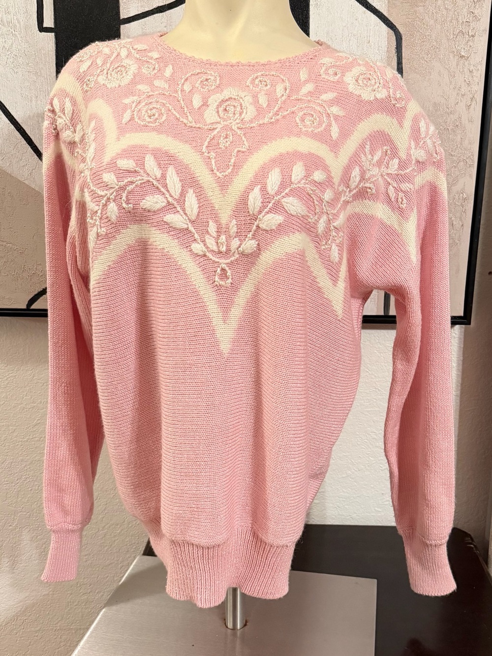 Vintage Jaclyn Smith Pink and Cream Embroidered Coquette Sweater